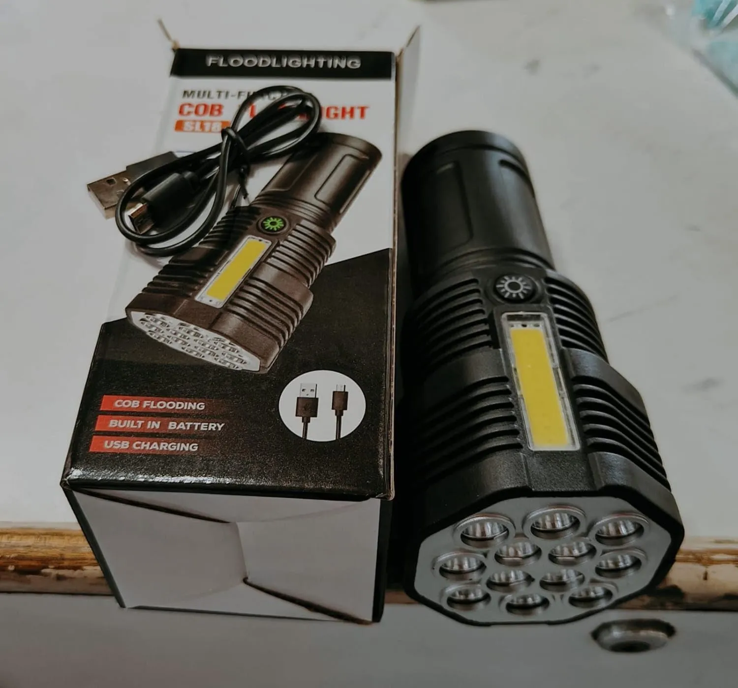 12 LED Flashlight COB Side Light USB Rechargeable Strong Light Flashlight Waterproof Outdoor Household Portable Long-Range Led Torch Light Hiking Camping Outdoor Side Light Flashlight