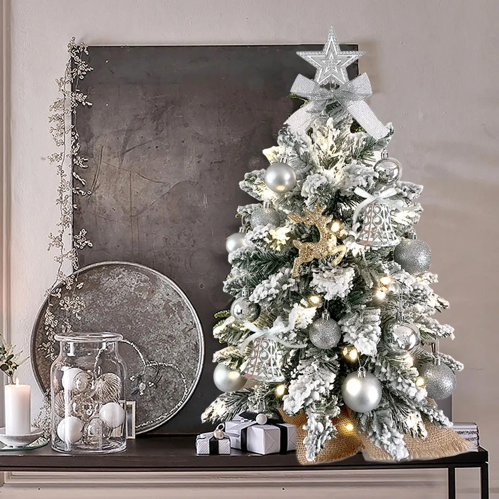 2ft Mini Tabletop Christmas Tree - Flocked Snow & Ornaments Decor