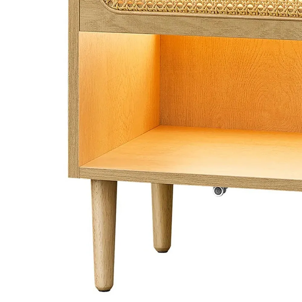 Ada 24 Inch Nightstand Set of 2, Woven Drawer, Light, Open Shelf, Black By Casagear Home