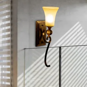 Antique Bronze Metal Wall Mount Sconce Lamp with Amber Glass Shade - Lodge Light Fixture