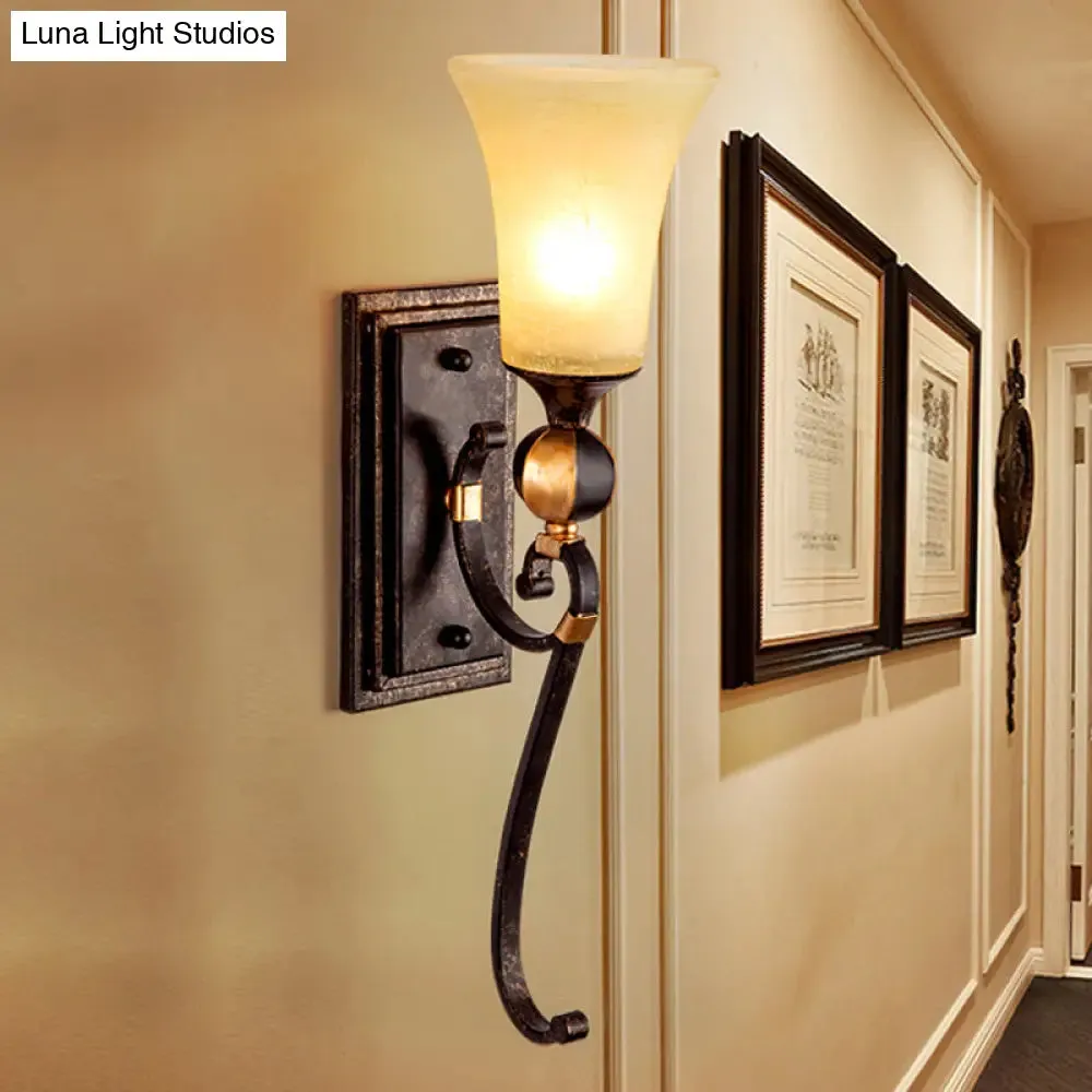 Antique Bronze Metal Wall Mount Sconce Lamp with Amber Glass Shade - Lodge Light Fixture
