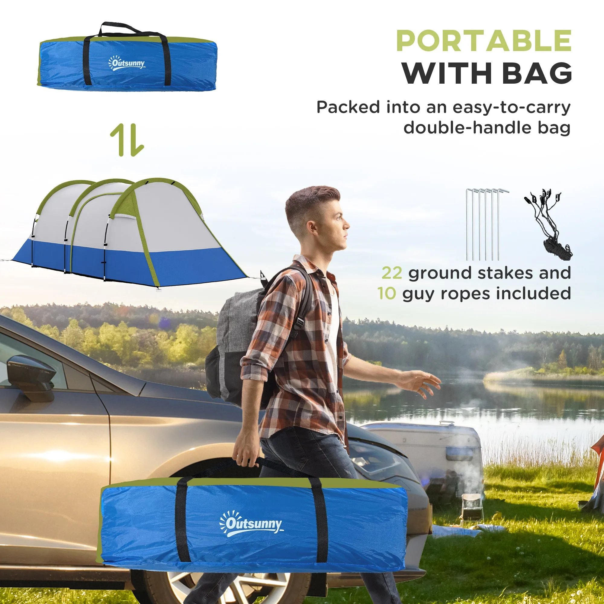 Camping Tent, Large Tunnel Tent with Bedroom and Living Area, 2000mm Waterproof, Portable with Bag for 2-3 Man, Green