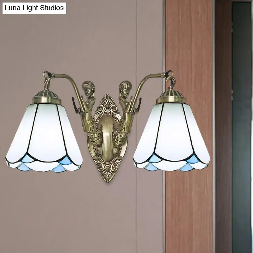 Conic Wall Mount Lamp with Double Mermaid Arm - White/Beige Glass Sconce Light Fixture