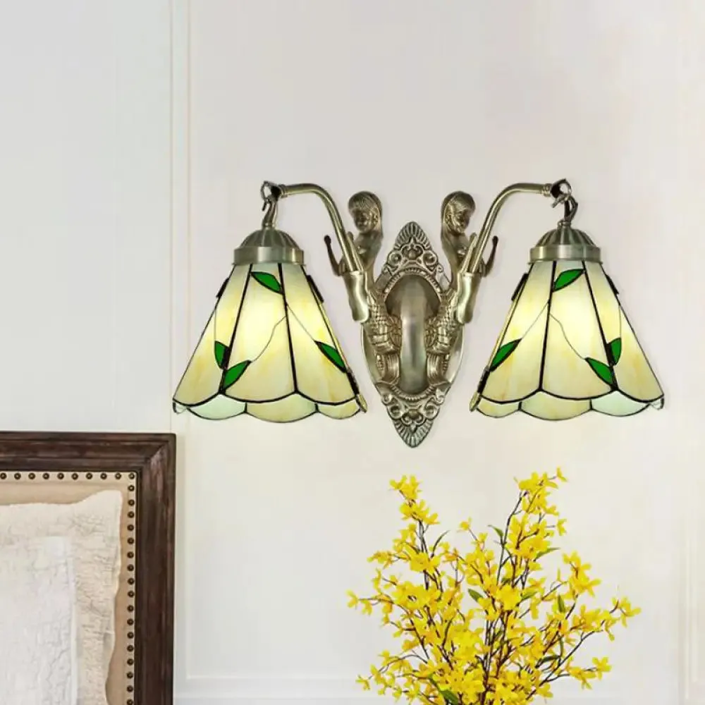 Conic Wall Mount Lamp with Double Mermaid Arm - White/Beige Glass Sconce Light Fixture