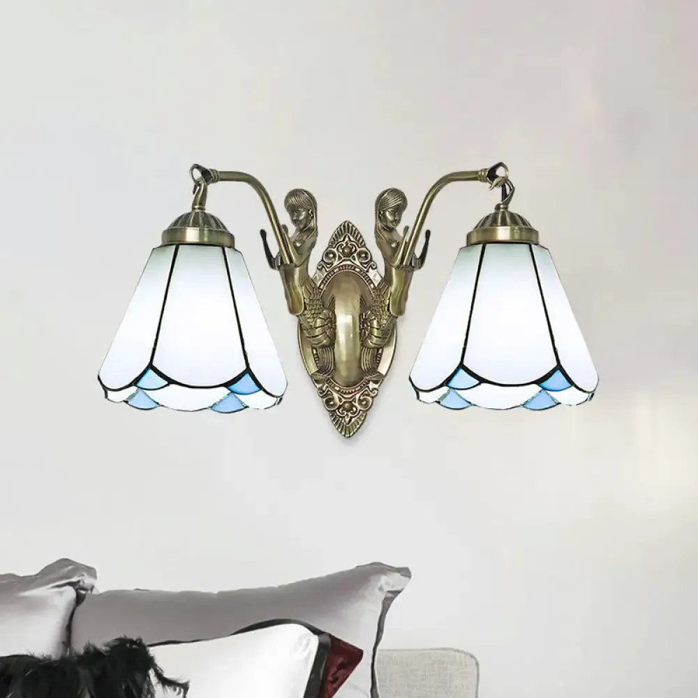 Conic Wall Mount Lamp with Double Mermaid Arm - White/Beige Glass Sconce Light Fixture