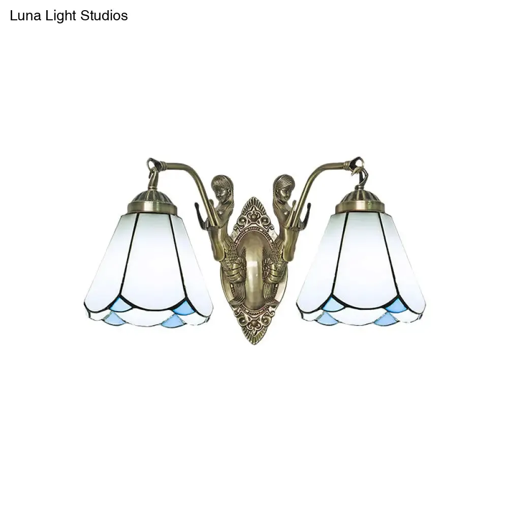 Conic Wall Mount Lamp with Double Mermaid Arm - White/Beige Glass Sconce Light Fixture