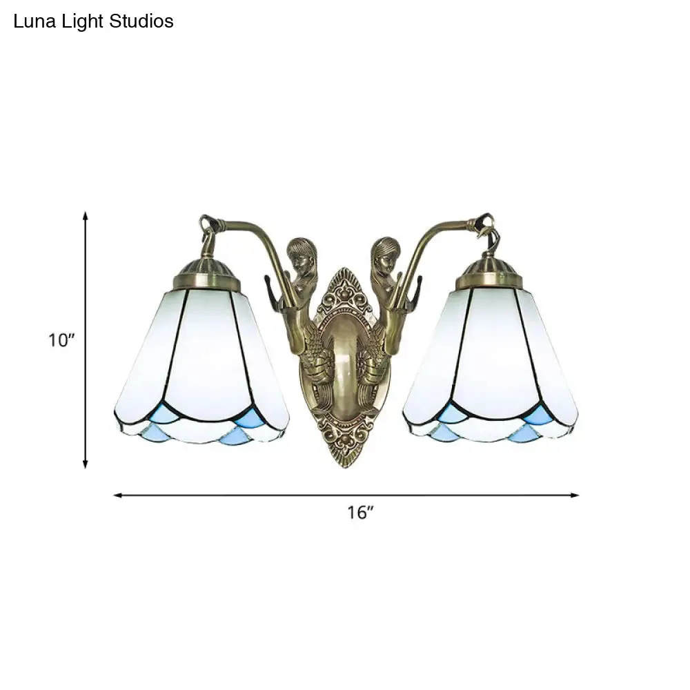 Conic Wall Mount Lamp with Double Mermaid Arm - White/Beige Glass Sconce Light Fixture