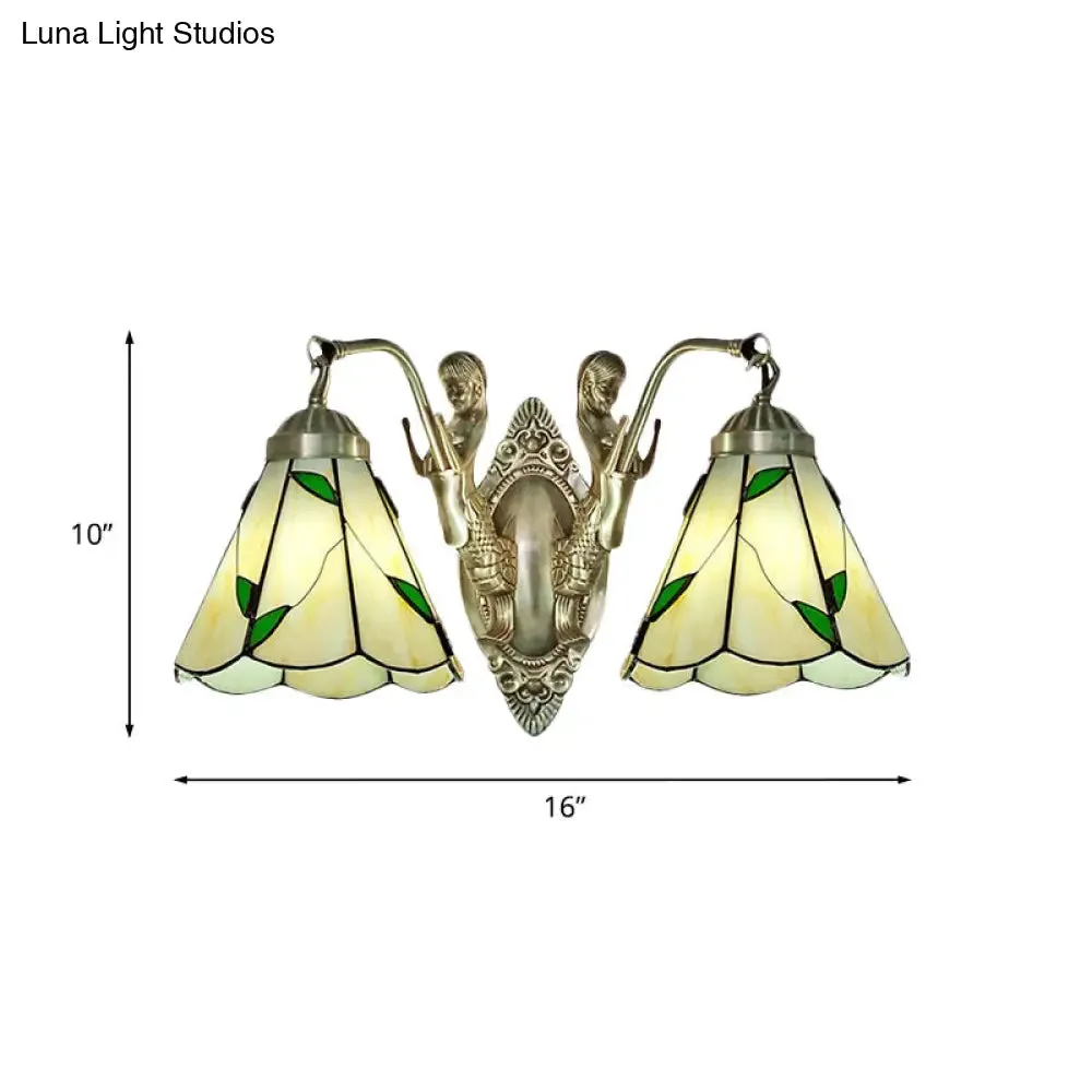 Conic Wall Mount Lamp with Double Mermaid Arm - White/Beige Glass Sconce Light Fixture