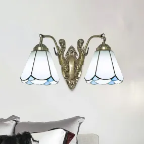 Conic Wall Mount Lamp with Double Mermaid Arm - White/Beige Glass Sconce Light Fixture