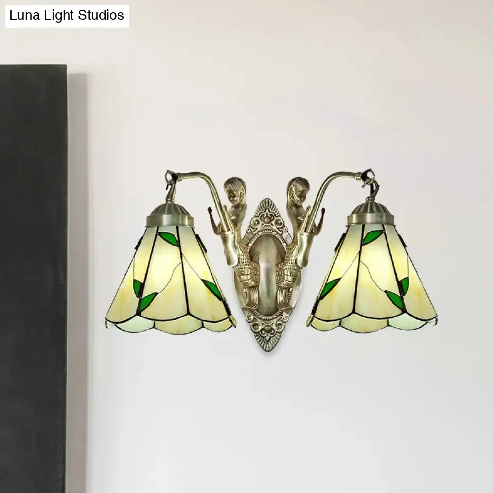 Conic Wall Mount Lamp with Double Mermaid Arm - White/Beige Glass Sconce Light Fixture