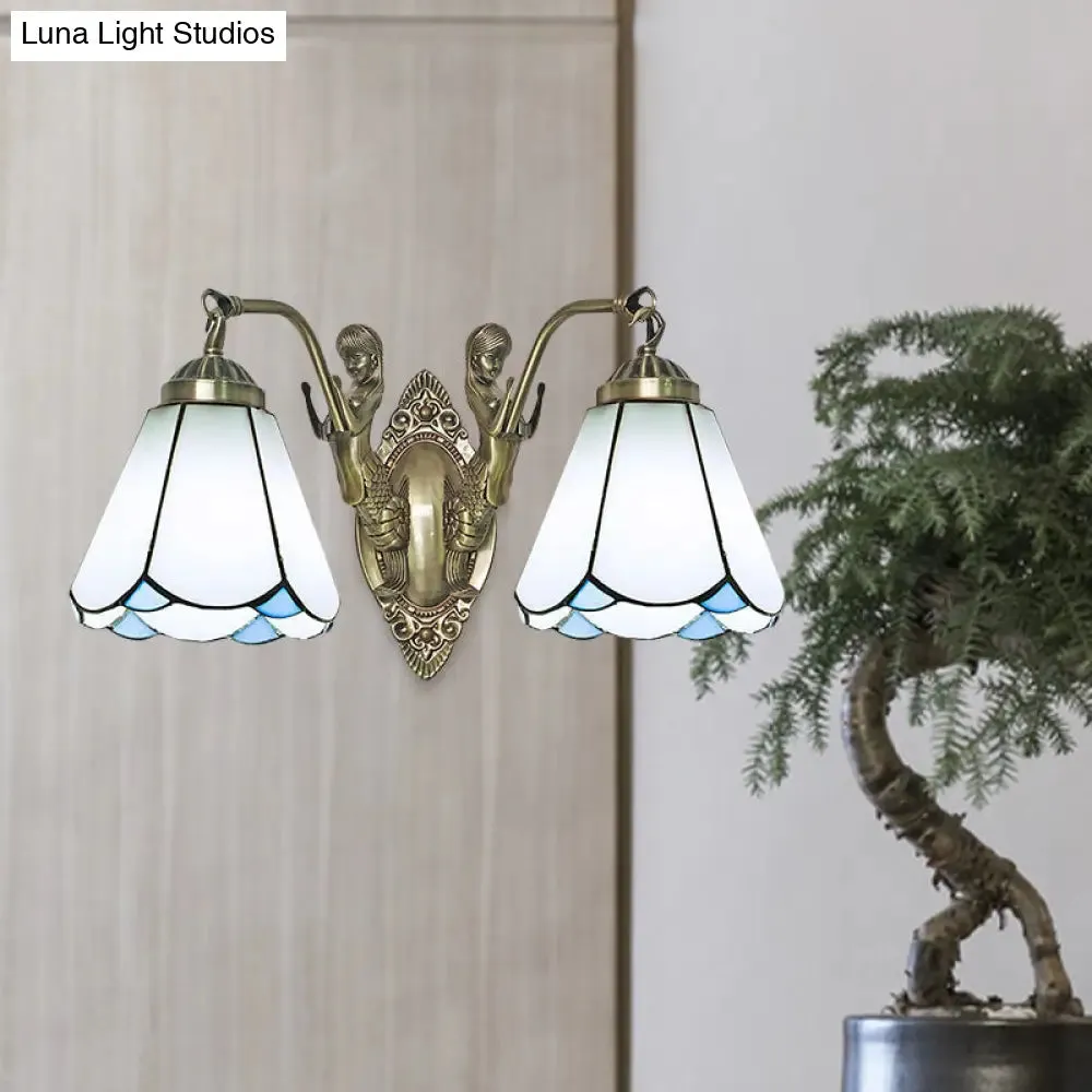 Conic Wall Mount Lamp with Double Mermaid Arm - White/Beige Glass Sconce Light Fixture