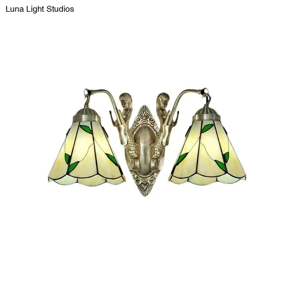 Conic Wall Mount Lamp with Double Mermaid Arm - White/Beige Glass Sconce Light Fixture