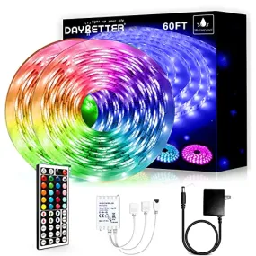 DAYBETTER Waterproof LED Light Strips, Outdoor LED Strip Lights 60ft (2 Rolls of 30ft) Color Changing 5050 RGB LED Strip Lights with Remote Control, LED Lights for Indoor Outdoor Use, IP65
