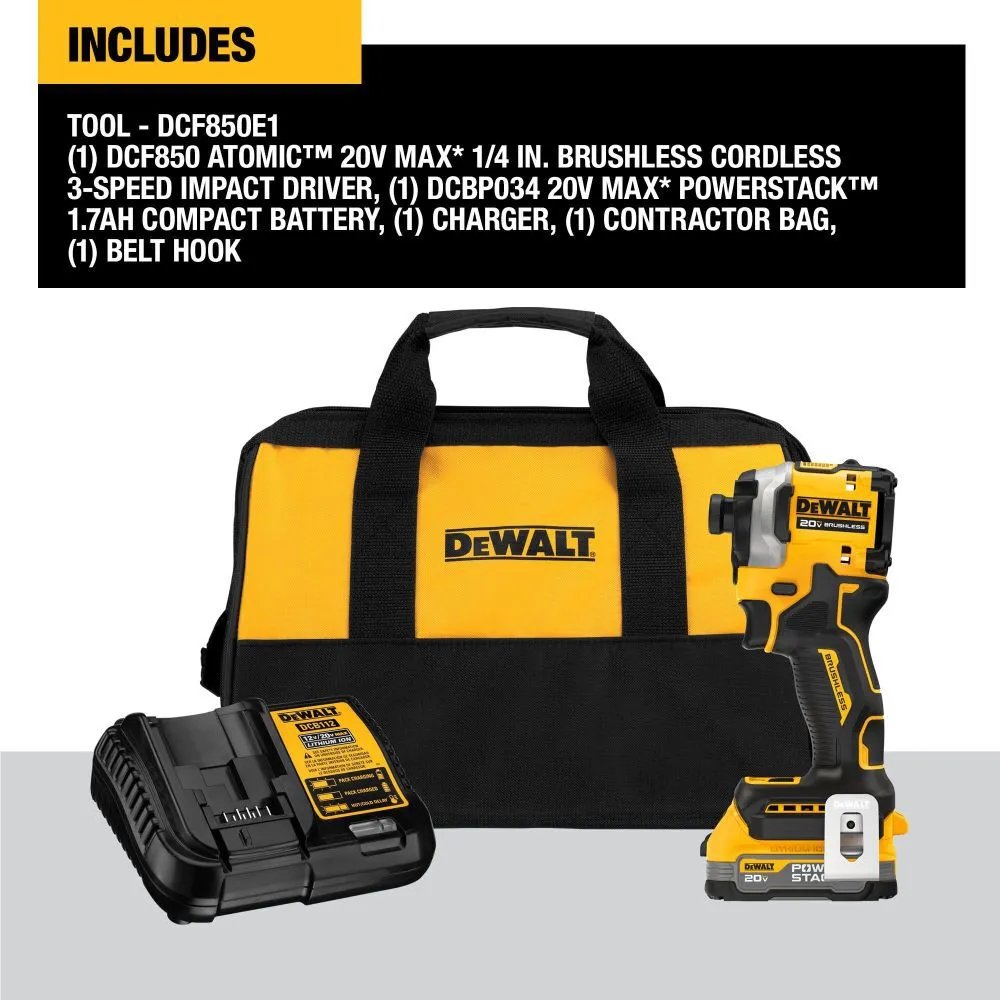 DeWALT DCF850E1 ATOMIC Brushless Cordless 1/4 In. 3-Speed Impact Driver with POWERSTACK Compact Battery