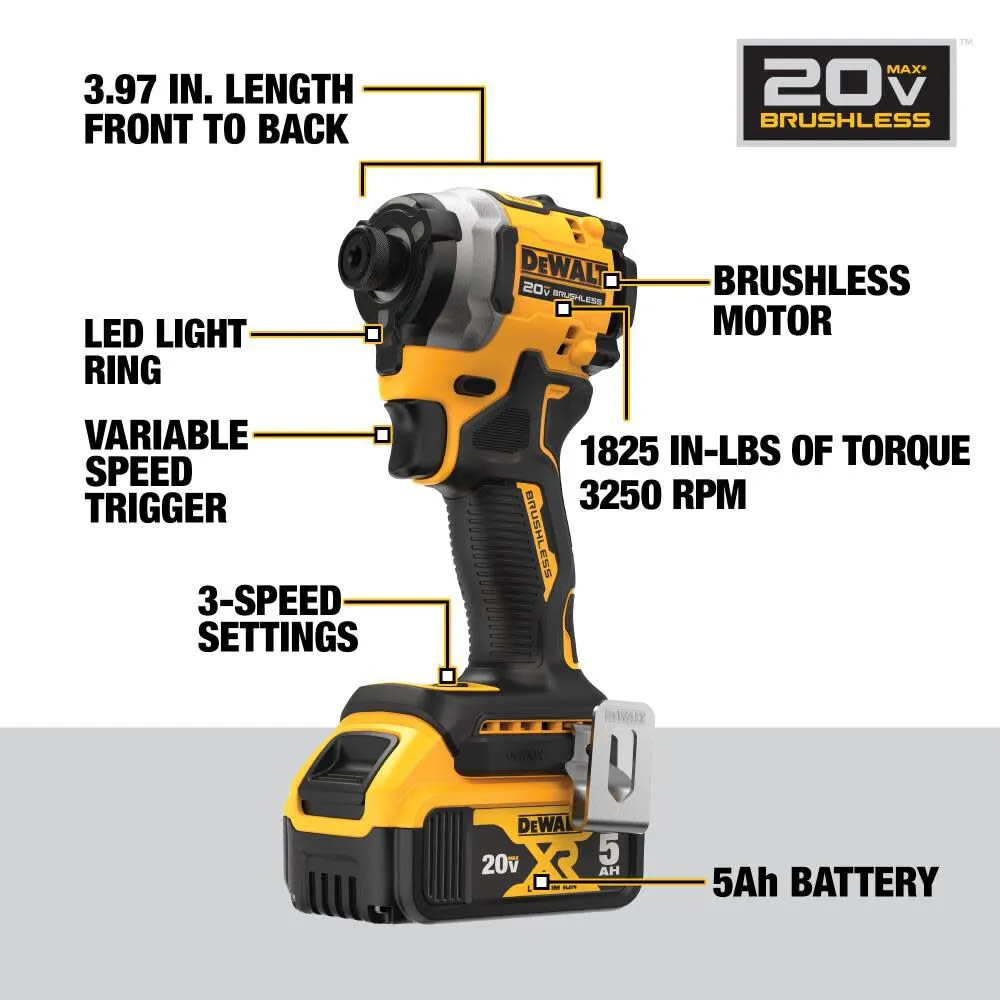DeWALT DCF850P1 ATOMIC 20V MAX Impact Driver Kit 1/4 In. 3-Speed Brushless Cordless