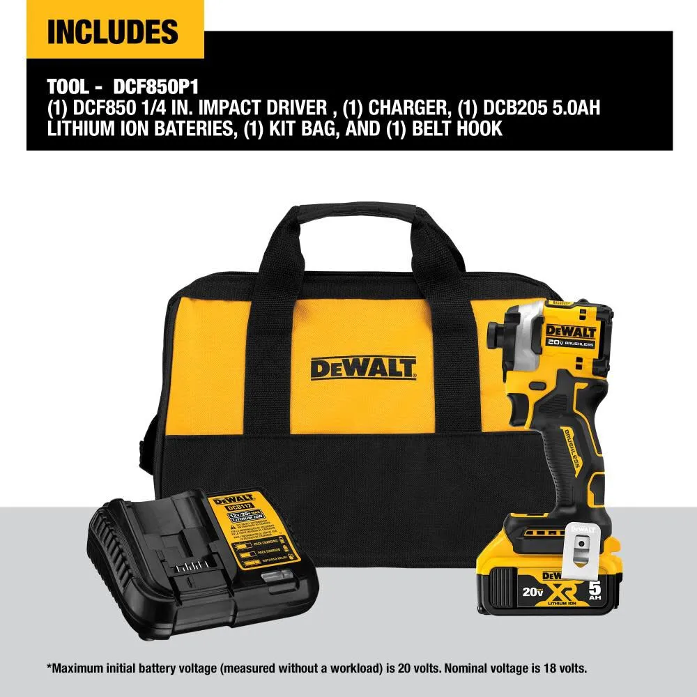 DeWALT DCF850P1 ATOMIC 20V MAX Impact Driver Kit 1/4 In. 3-Speed Brushless Cordless