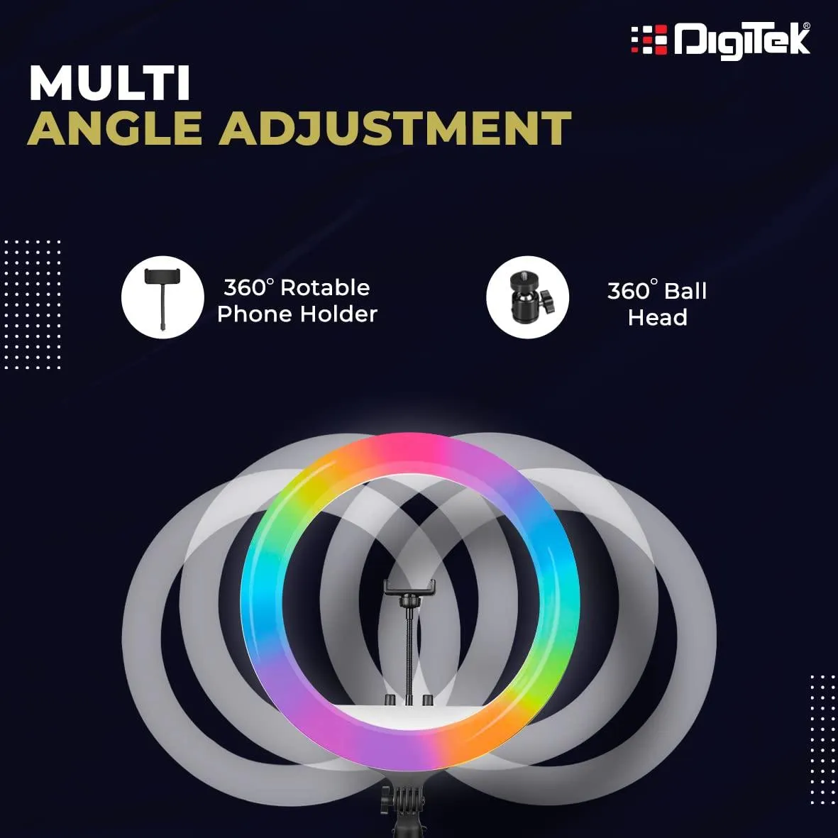 Digitek (DRL-18 RGB) RGB LED Ring Light 46cm for YouTube | Photo-Shoot | Video Shoot | Live Stream | Makeup & Vlogging | Compatible with iPhone/Android Phones & Camera
