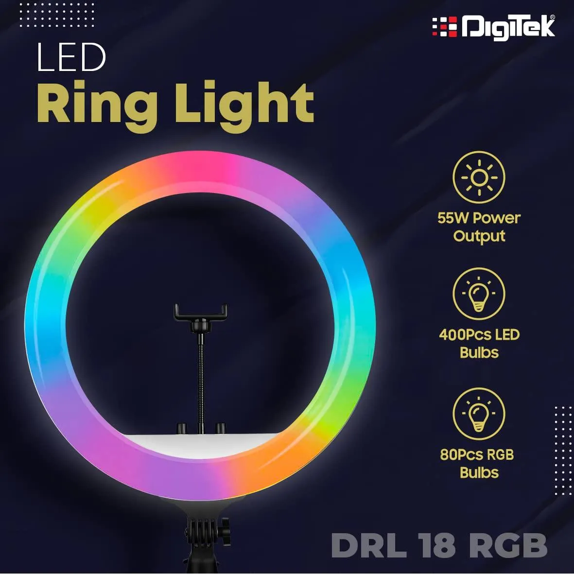 Digitek (DRL-18 RGB) RGB LED Ring Light 46cm for YouTube | Photo-Shoot | Video Shoot | Live Stream | Makeup & Vlogging | Compatible with iPhone/Android Phones & Camera