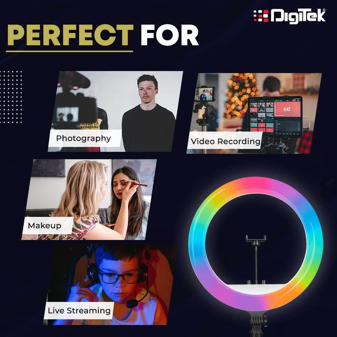 Digitek (DRL-18 RGB) RGB LED Ring Light 46cm for YouTube | Photo-Shoot | Video Shoot | Live Stream | Makeup & Vlogging | Compatible with iPhone/Android Phones & Camera