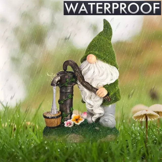 Garden Gnome Statue - Garden Dwarfs Statue Resin Gnome Figurine Outdoor Gnome With Water Pumping Solar Lights for Outdoor Home Yard Decor