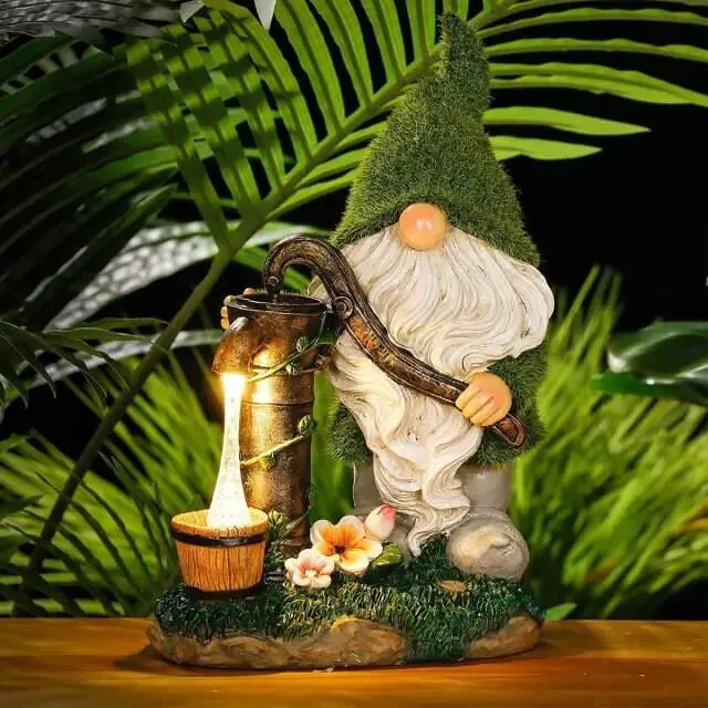 Garden Gnome Statue - Garden Dwarfs Statue Resin Gnome Figurine Outdoor Gnome With Water Pumping Solar Lights for Outdoor Home Yard Decor
