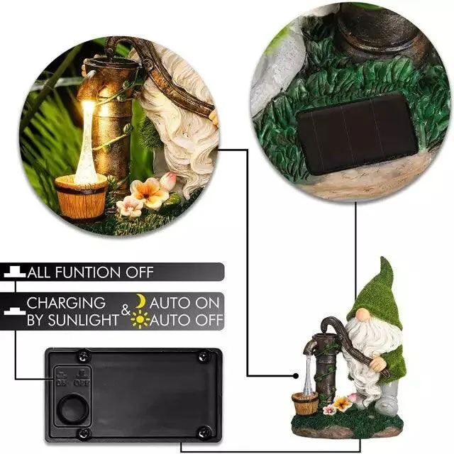 Garden Gnome Statue - Garden Dwarfs Statue Resin Gnome Figurine Outdoor Gnome With Water Pumping Solar Lights for Outdoor Home Yard Decor