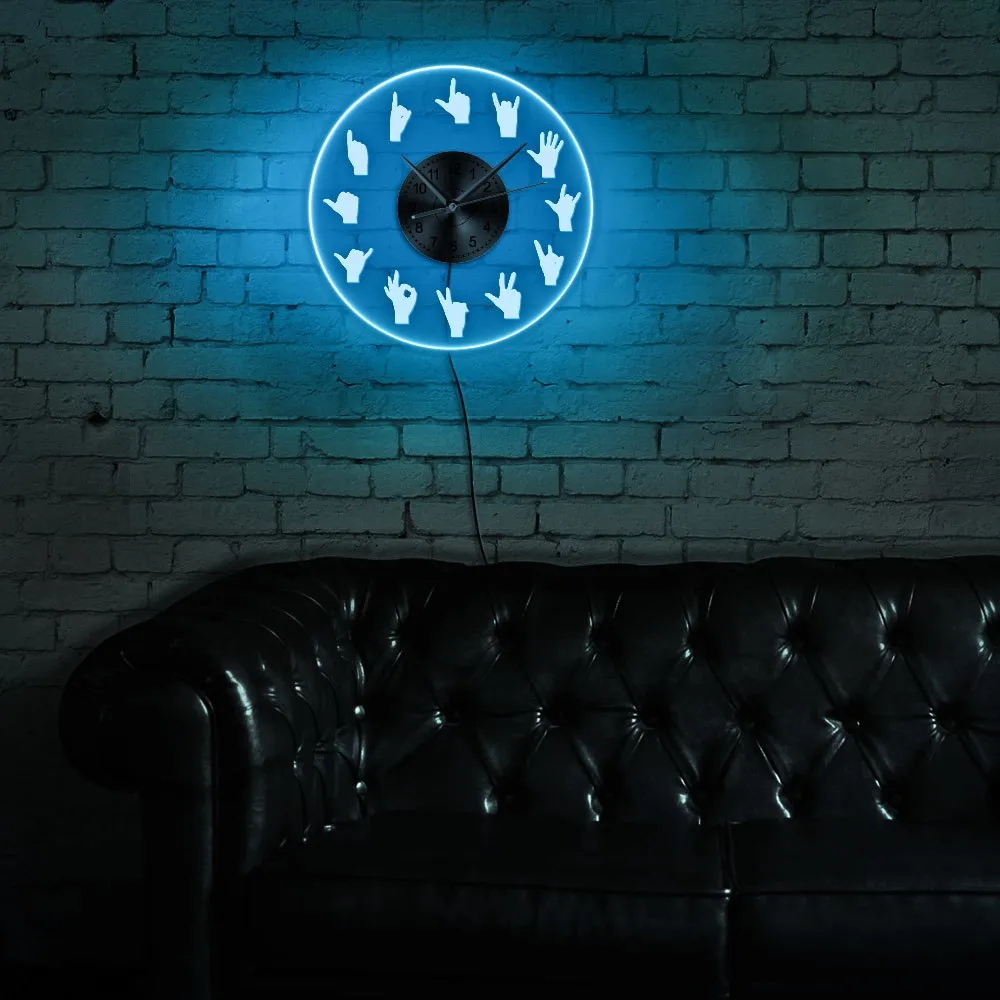 Hand Signs LED Neon Wall Clock Acrylic LED Edge Lit Hanging Wall Watch Hand Gestures Vintage Design Illuminated Wall Clock