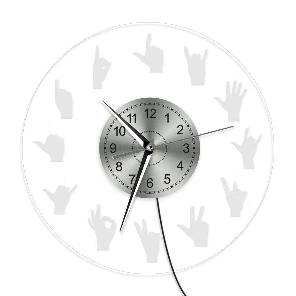 Hand Signs LED Neon Wall Clock Acrylic LED Edge Lit Hanging Wall Watch Hand Gestures Vintage Design Illuminated Wall Clock