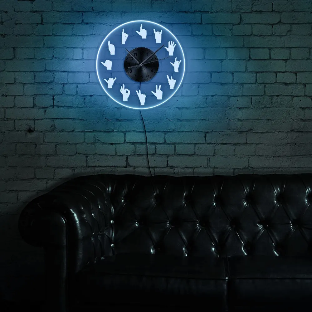 Hand Signs LED Neon Wall Clock Acrylic LED Edge Lit Hanging Wall Watch Hand Gestures Vintage Design Illuminated Wall Clock