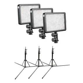 LED308 Hot Shoe Video Light Panel Triple Kit with 3×Light Stands - CLEARANCE