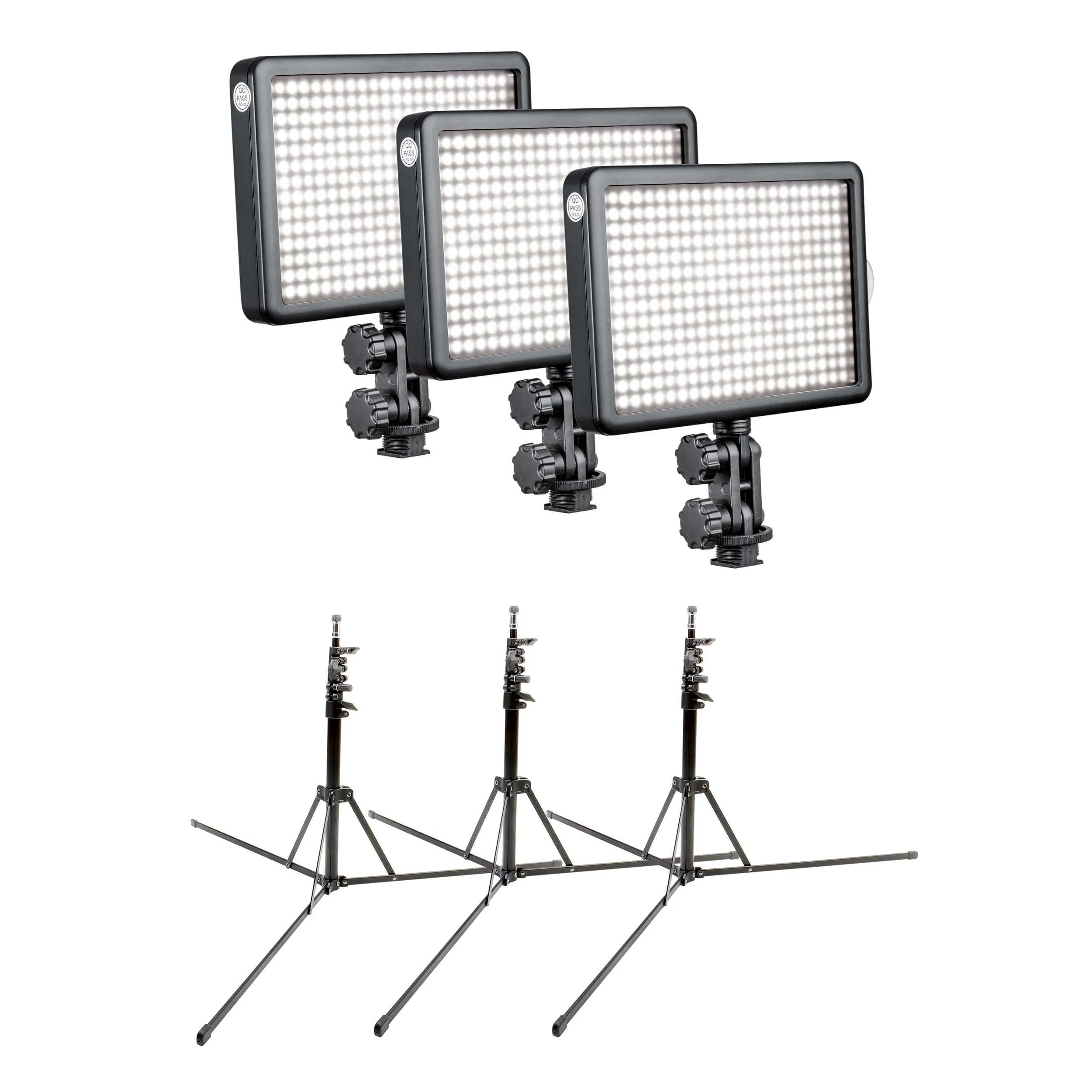 LED308 Hot Shoe Video Light Panel Triple Kit with 3×Light Stands - CLEARANCE