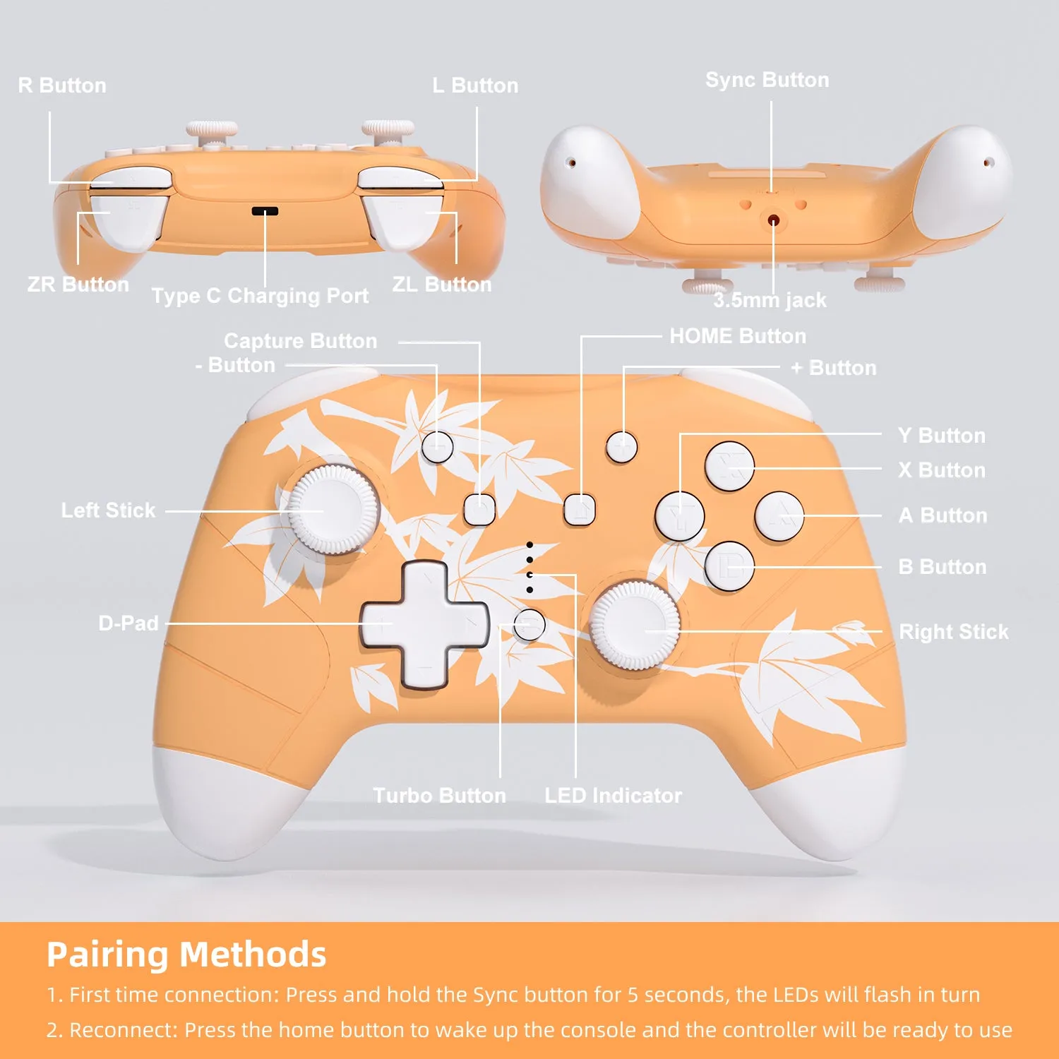 Mytrix Maple Yellow Wireless Switch Pro Controller for Nintendo Switch, the Newest Switch OLED, and Switch Lite