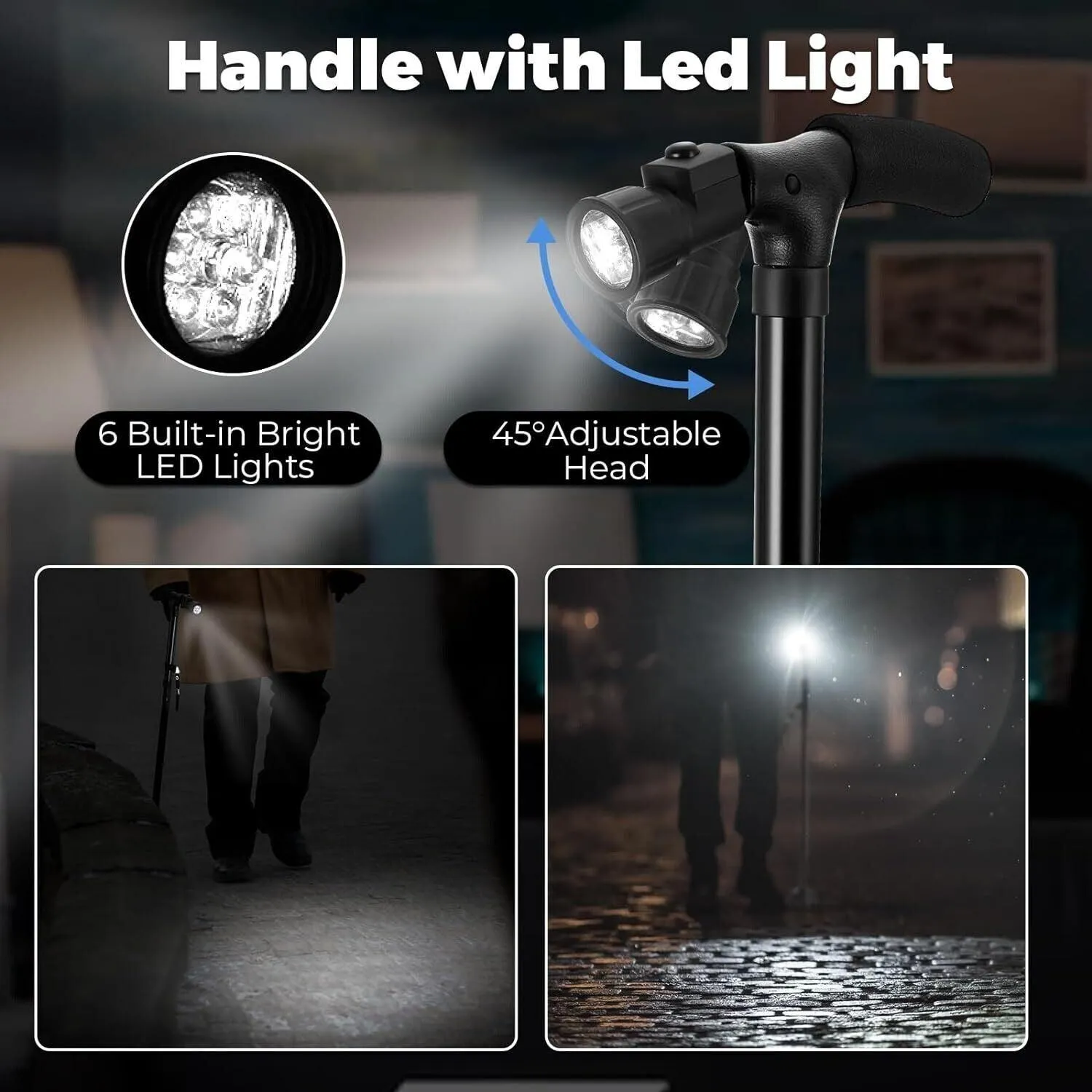New Folding Walking Cane with LED Light, Adjustable Walking Stick with Carryin