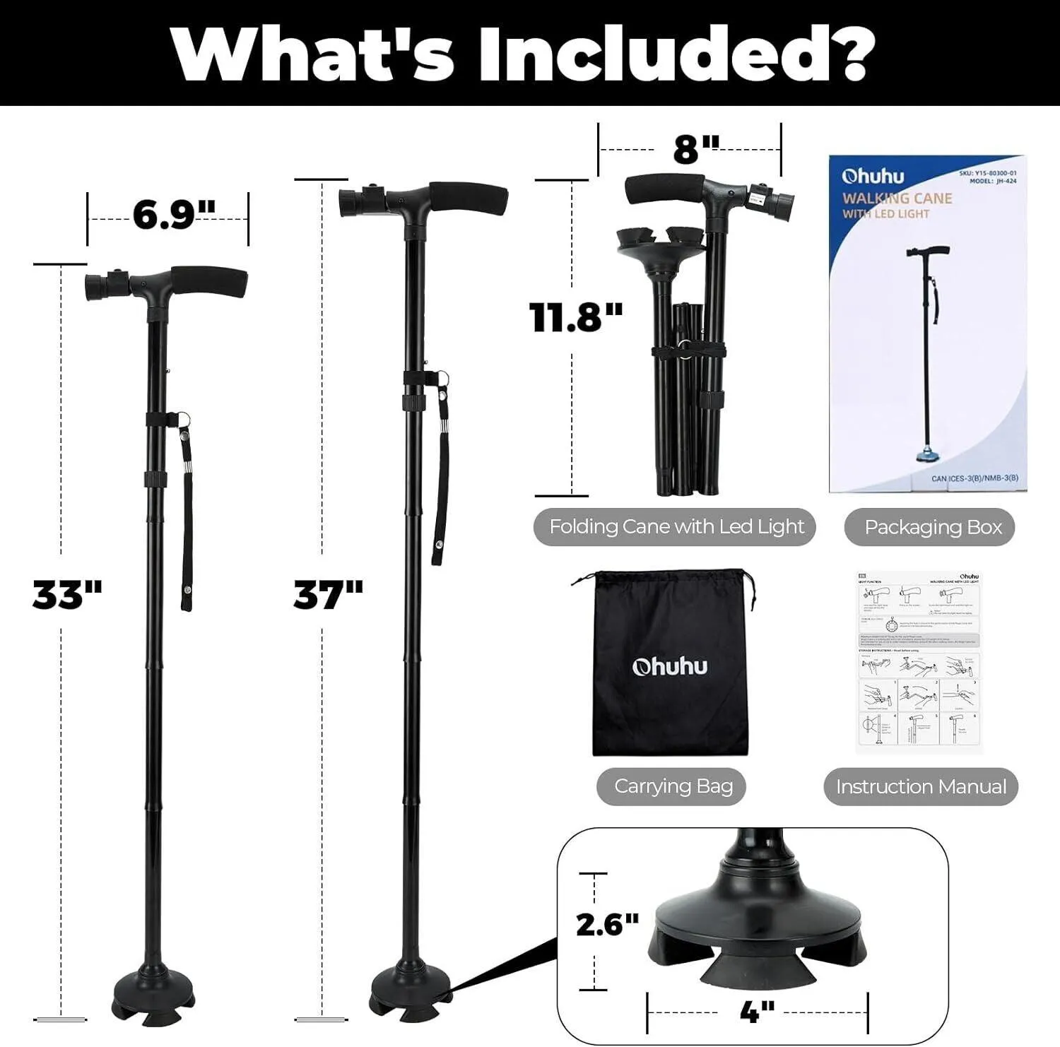 New Folding Walking Cane with LED Light, Adjustable Walking Stick with Carryin
