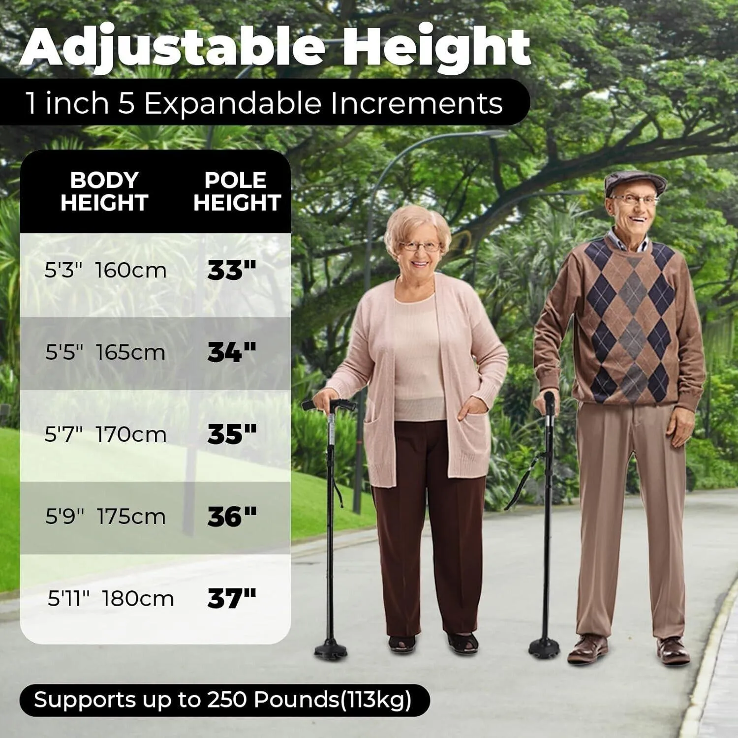 New Folding Walking Cane with LED Light, Adjustable Walking Stick with Carryin