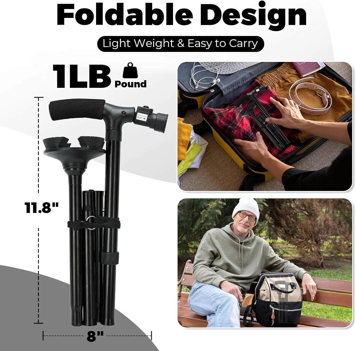 New Folding Walking Cane with LED Light, Adjustable Walking Stick with Carryin