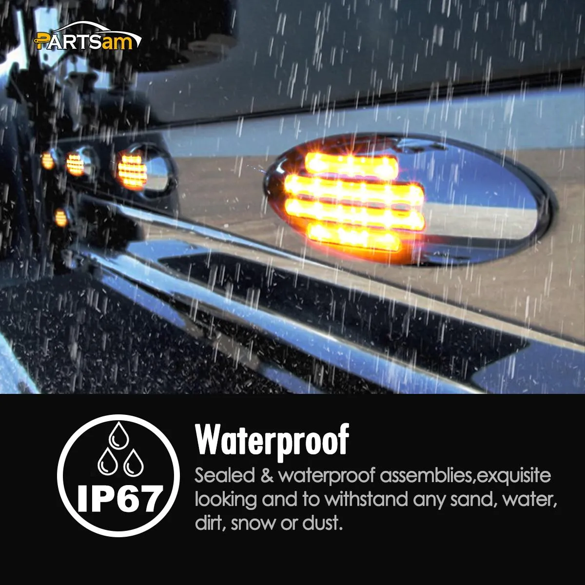 Partsam 10Pcs 6-3/5 Inch Flat-line Oval Stealth Amber Led Side Marker Lights Clear Lens 18LED Sealed w Bullet Plug Flush Mount Waterproof Led Front Fender Marker Lights Panel