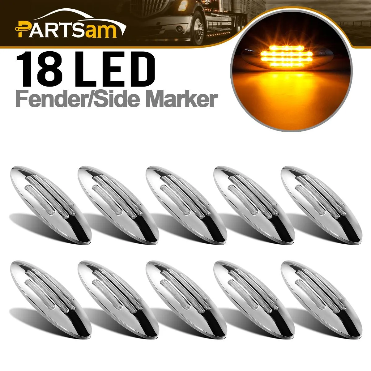 Partsam 10Pcs 6-3/5 Inch Flat-line Oval Stealth Amber Led Side Marker Lights Clear Lens 18LED Sealed w Bullet Plug Flush Mount Waterproof Led Front Fender Marker Lights Panel