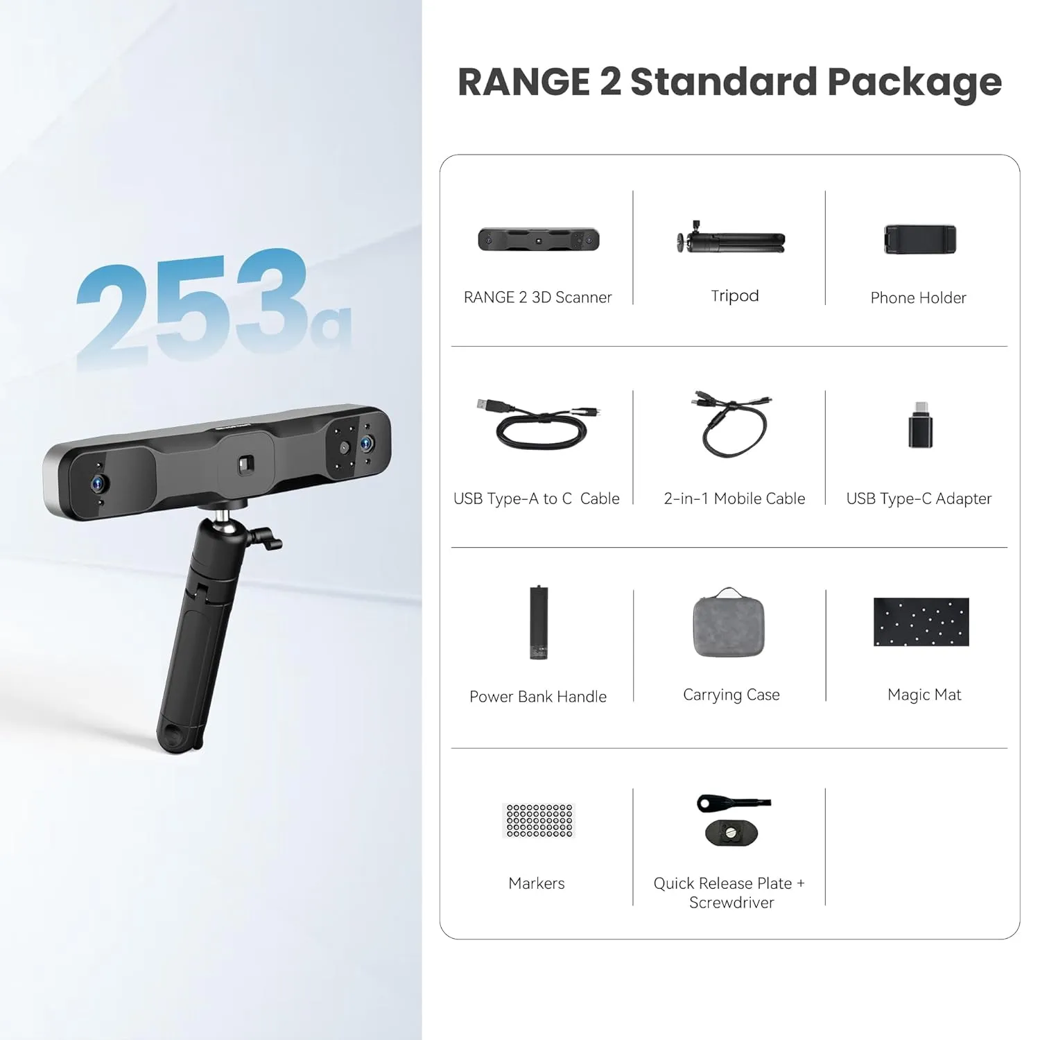 Revopoint RANGE 2 3D Scanner for 3D Printing Handheld, 3D Printer Scanner 0.1 mm Precision, 3D Modeling Built-in RGB Color Camera, Supports Body Face Large Objects Scan, Support Win/Android/iOS/macOS