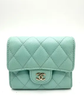 Turquoise Quilted Caviar Champagne GHW Flap Compact Wallet