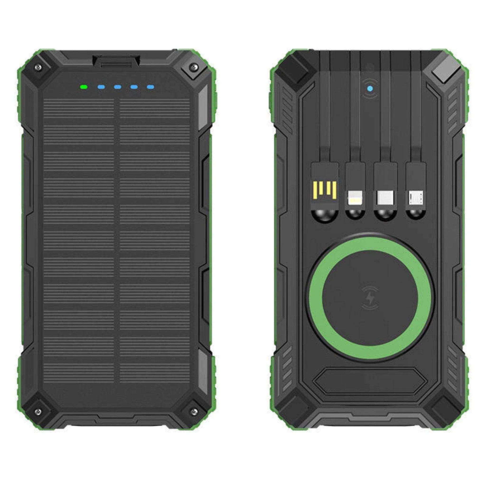 TUTT 30000mAh Portable Rugged Solar-Dual Mode Charging Waterproof Outdoor Power Bank | External Battery 4 Built-In USB Cables | Fast Wireless Charging | 7 Output With Flashlight SOS