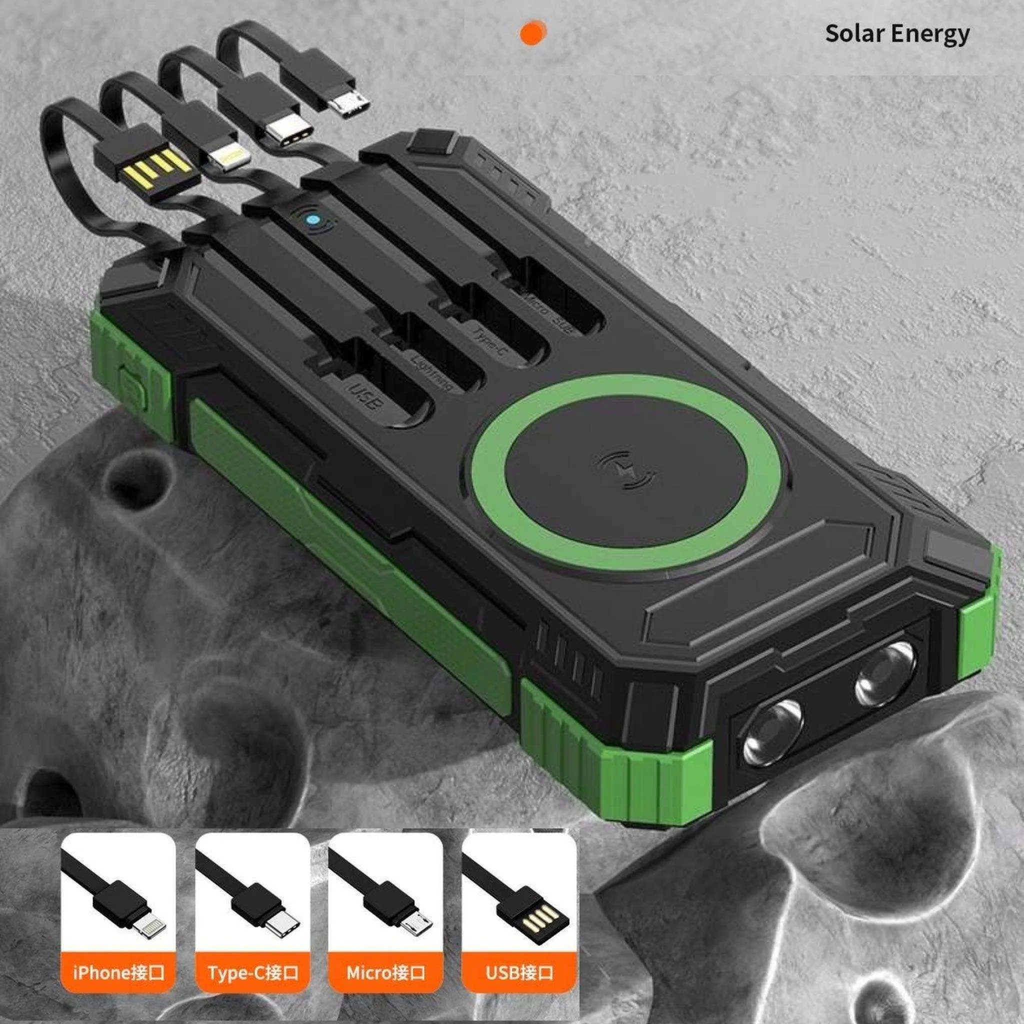 TUTT 30000mAh Portable Rugged Solar-Dual Mode Charging Waterproof Outdoor Power Bank | External Battery 4 Built-In USB Cables | Fast Wireless Charging | 7 Output With Flashlight SOS