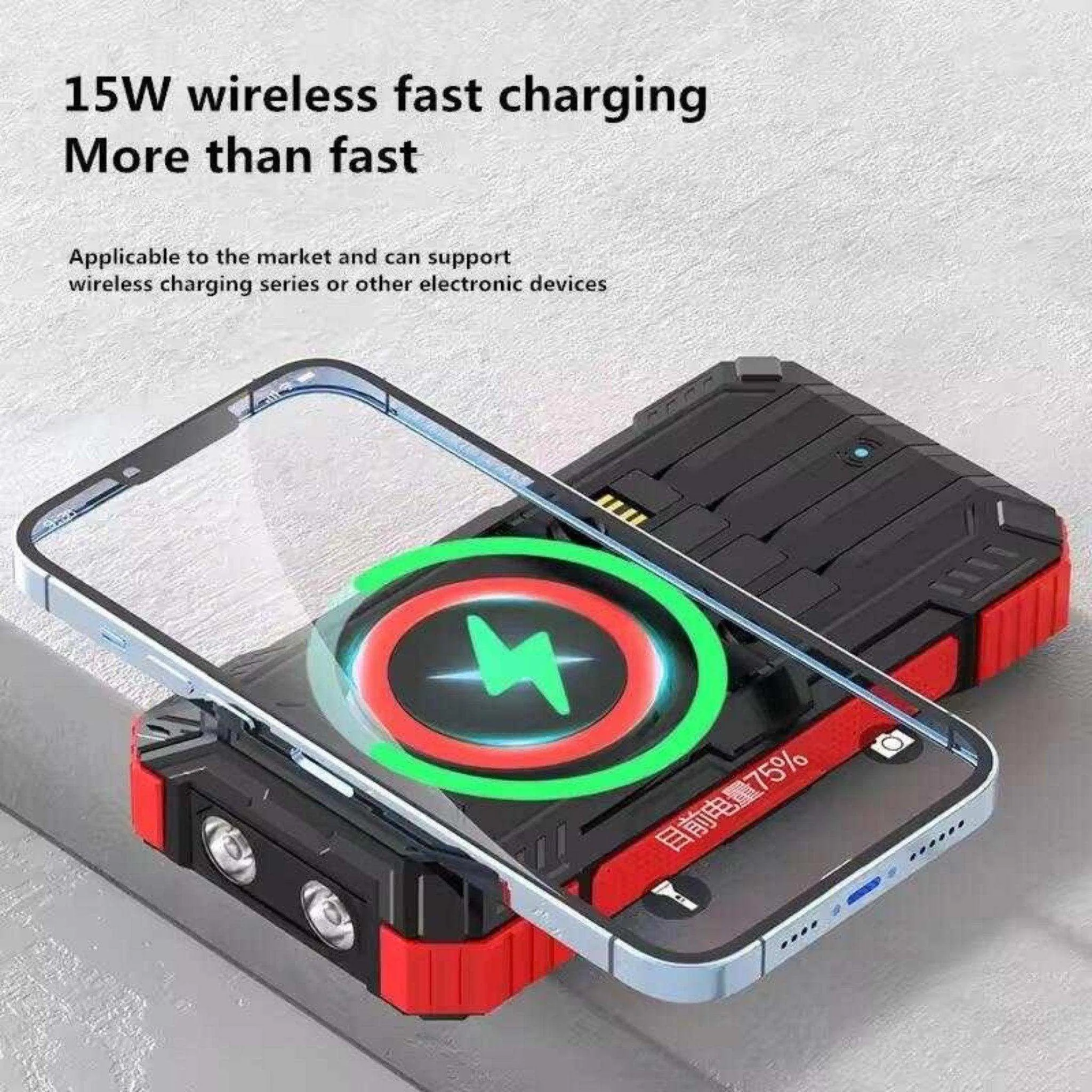 TUTT 30000mAh Portable Rugged Solar-Dual Mode Charging Waterproof Outdoor Power Bank | External Battery 4 Built-In USB Cables | Fast Wireless Charging | 7 Output With Flashlight SOS