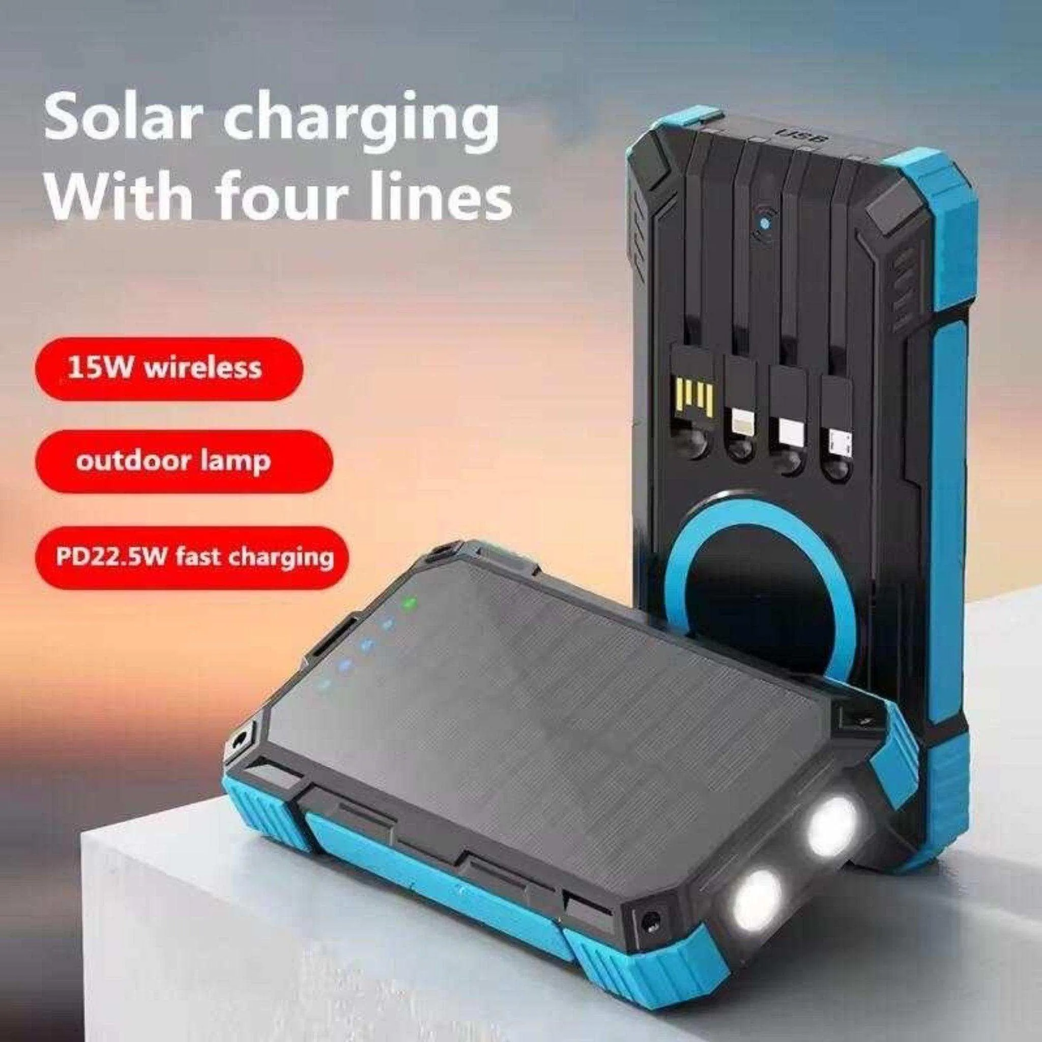 TUTT 30000mAh Portable Rugged Solar-Dual Mode Charging Waterproof Outdoor Power Bank | External Battery 4 Built-In USB Cables | Fast Wireless Charging | 7 Output With Flashlight SOS